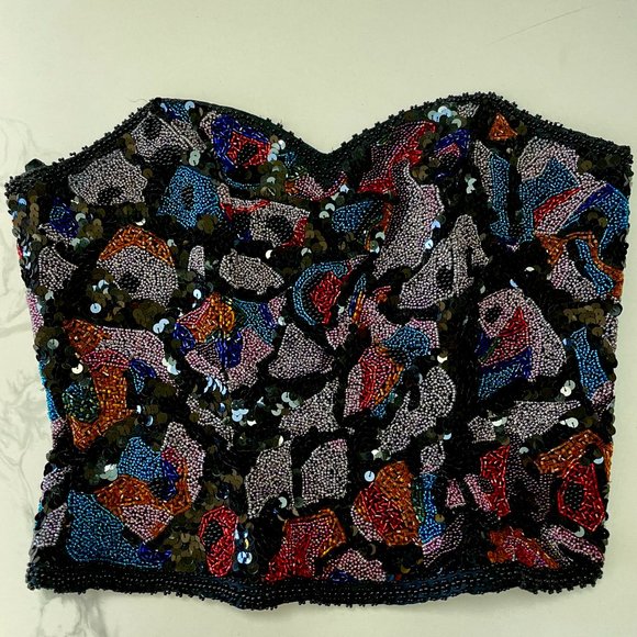 ❌SOLD❌ Oleg Cassini Vintage Beaded Sequin Strapless Bustier 100% silk top - Picture 6 of 7